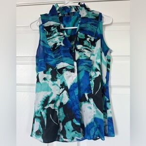 Sleeveless Blue and Black Abstract Blouse
